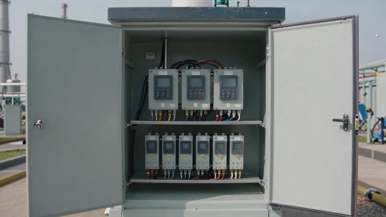 Documentary industrial photograph of a rugged control cabinet wit