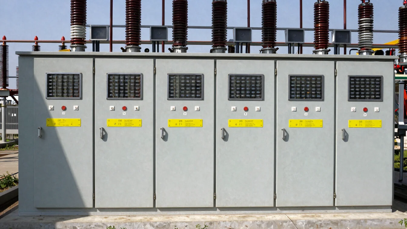 Documentary industrial photograph of electrical switchgear and po