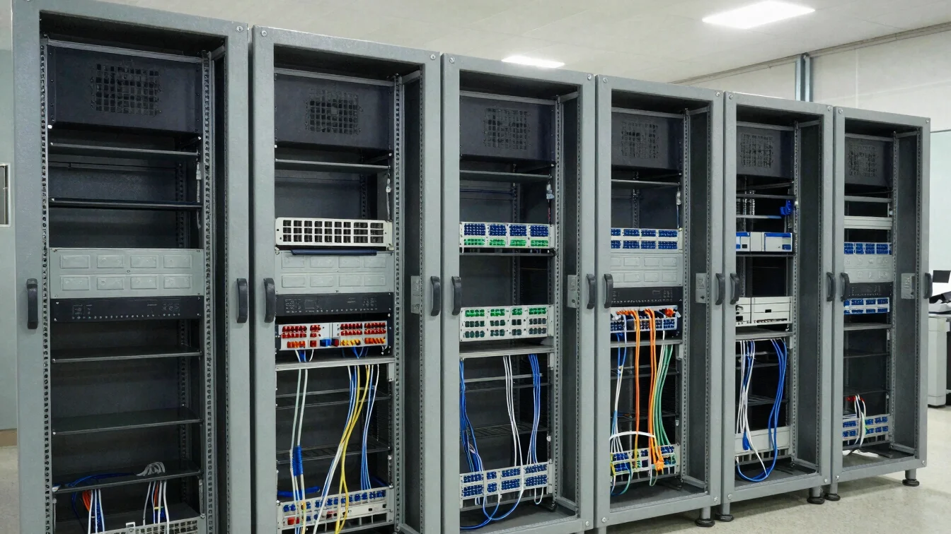 Documentary industrial photograph of communication network racks