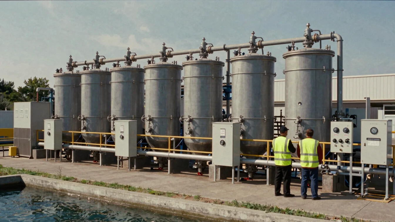 Documentary industrial photograph of a municipal water treatment